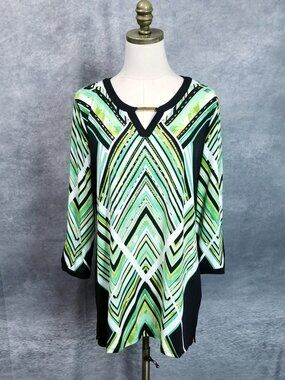 JM Collection Tunic Top Size L Green Black White Geometric Modern Art Deco